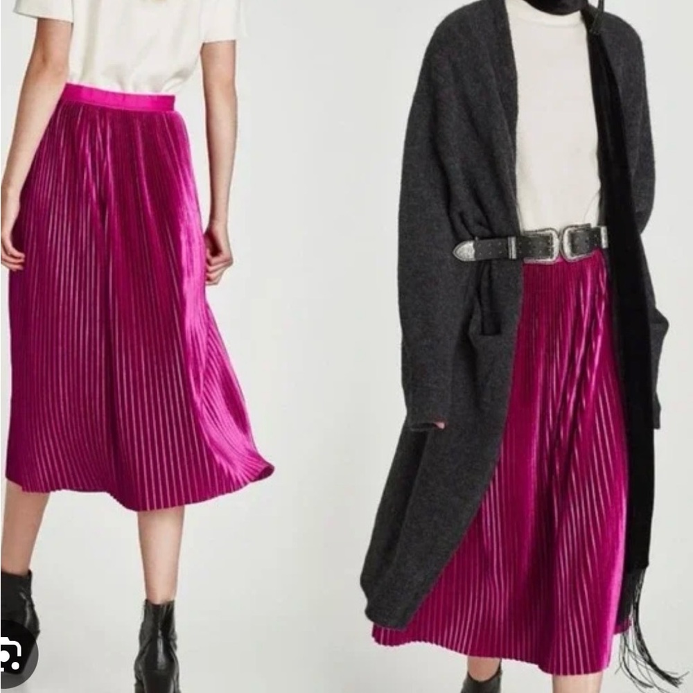 Zara Trafaluc Collection fuchsia micro pleated stretch velvet midi skirt